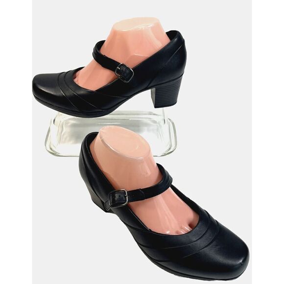 Clarks Bendables Black Mary Jane Heels Shoes Size 9 Wide Buckle - Picture 1 of 15
